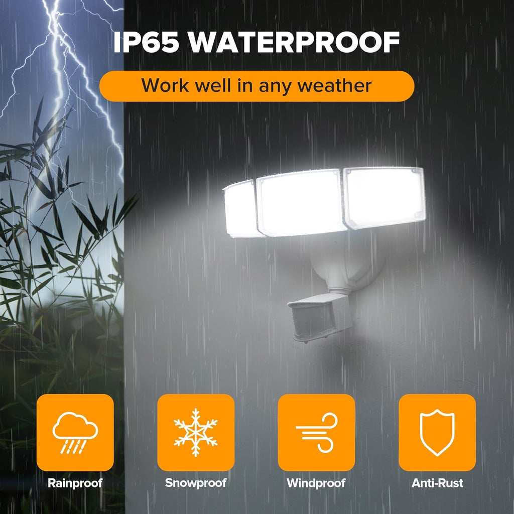 UME 49W 5500LM LED Security Lights Motion Sensor Light Outdoor, 5000K Daylight, IP65 Waterproof, Dusk to Dawn, 3 Head Motion Detected Flood Light for Garage, Yard, Porch(White)