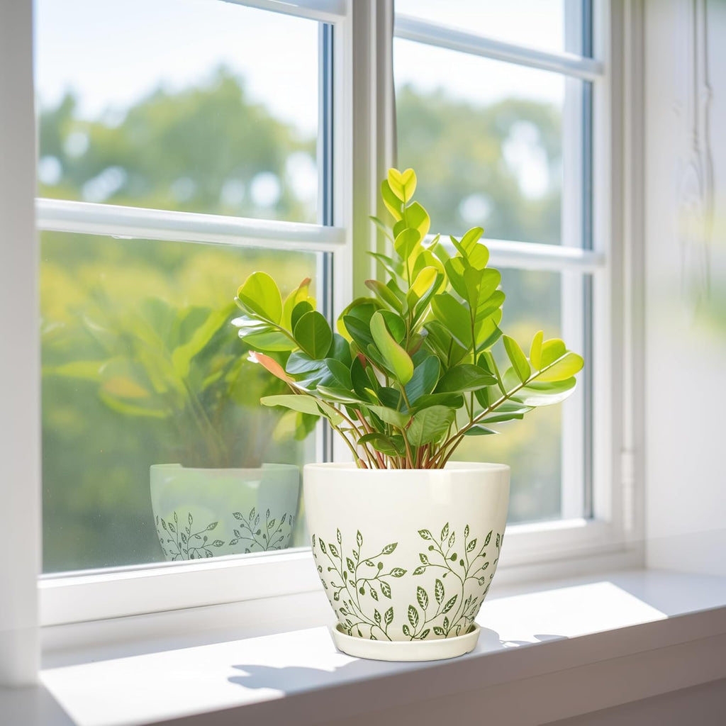 6.8 Inch Plant Pot - Ceramic Pot for Indoor Outdoor Plants, Boho Decorative Round Ceramic Planter with Drainage Hole and Saucer, Housewarming Gifts, Office Garden Home Decor, White