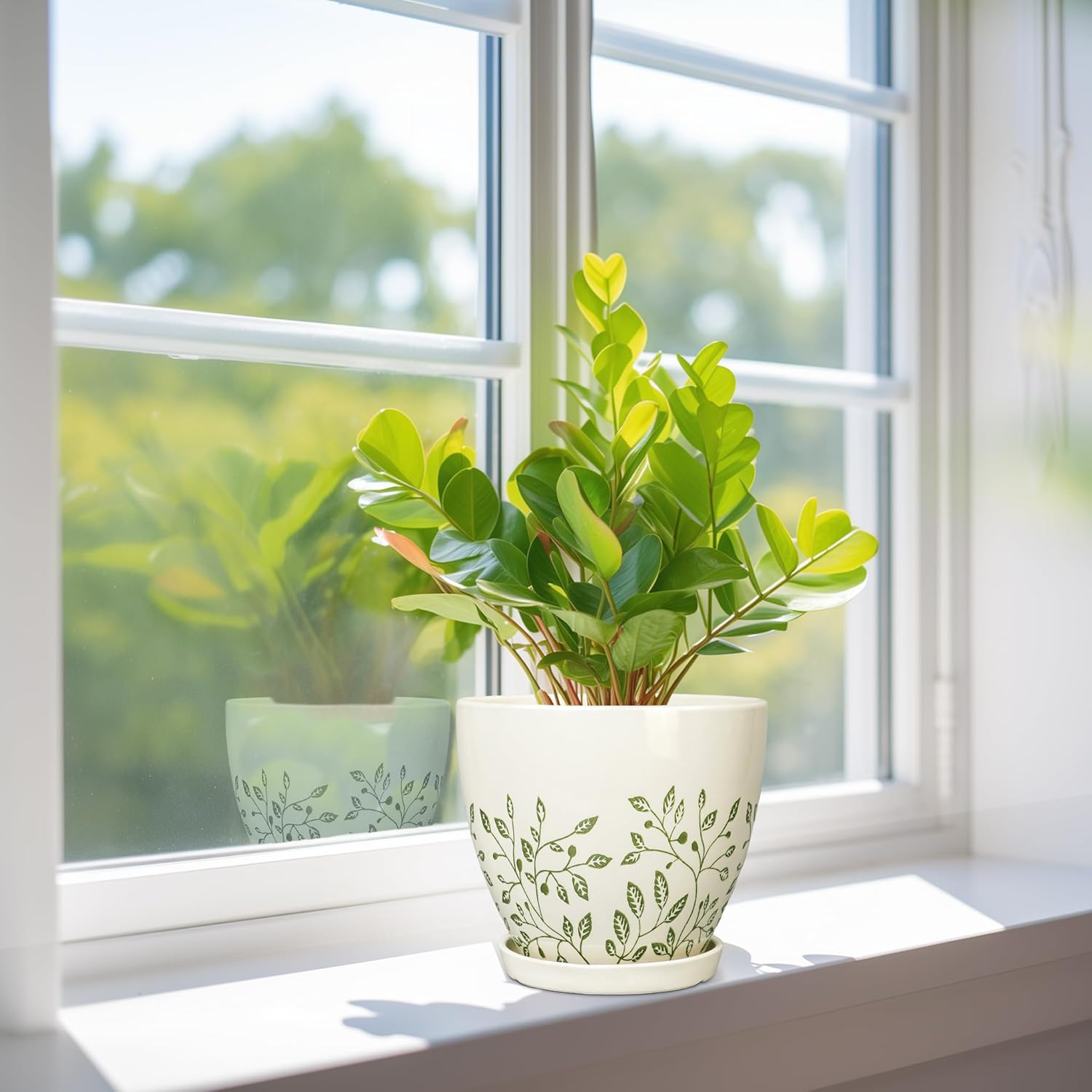 6.8 Inch Plant Pot - Ceramic Pot for Indoor Outdoor Plants, Boho Decorative Round Ceramic Planter with Drainage Hole and Saucer, Housewarming Gifts, Office Garden Home Decor, White