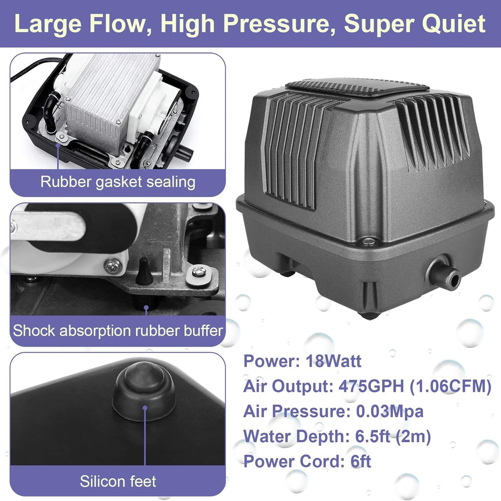 AquaMiracle Koi Pond Aerator Pond Air Pump with Self-Sinking Airline Rubber Air Diffuser, Air Flow Control Pond Deicer All-in-One Pond Aeration Kit for Outdoor Pond 2,000-5,000 Gallons