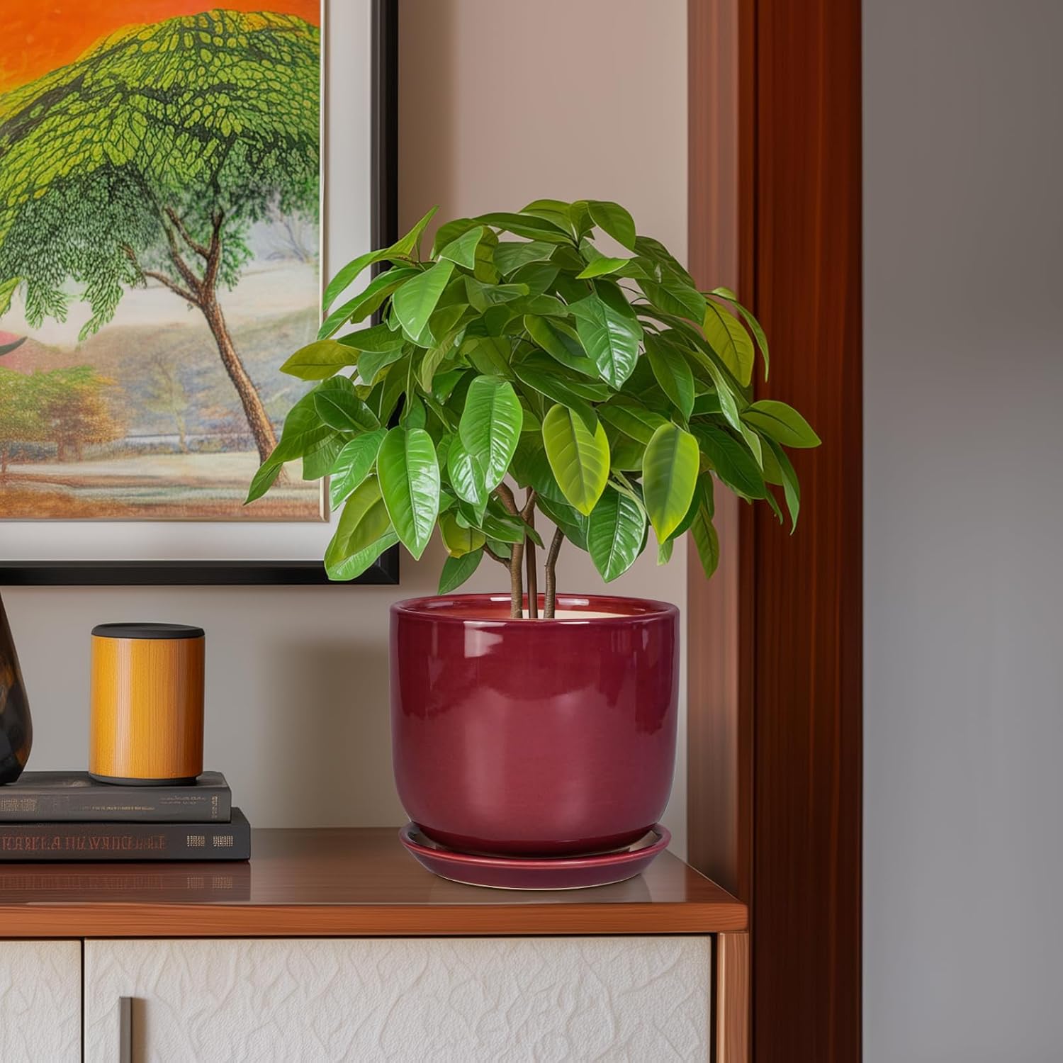 Ceramic Flower Pot for Plants - Cylinder Modern 8 Inch Plant Pot Indoor with Drainage Hole and Saucer, Home Office Room Porch Decor, Red