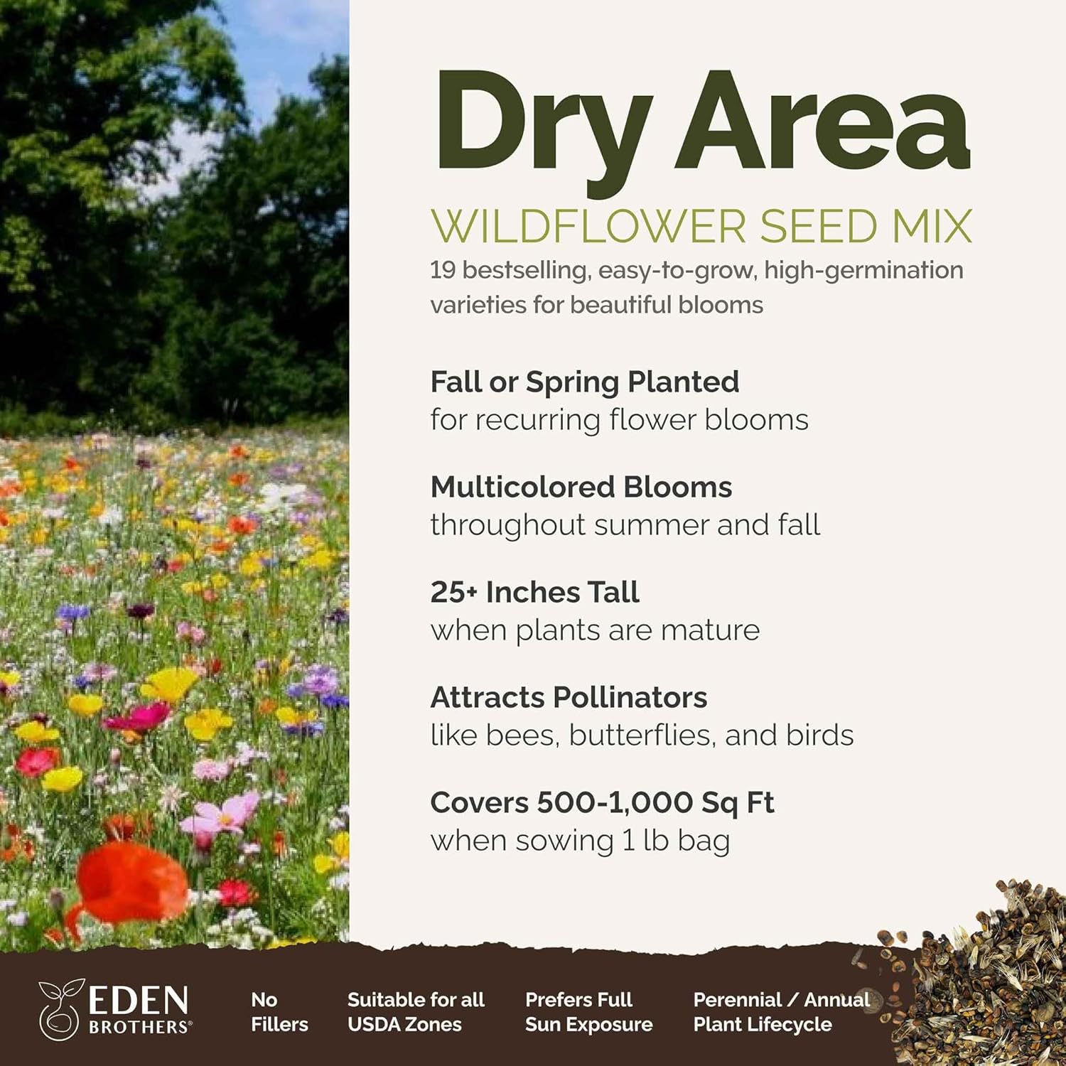 Eden Brothers Dry Area Wildflower Mixed Seeds for Planting, 1 lb, 480,000+ Seeds with Cosmos, African Daisy, Blue Flax | Attracts Pollinators, Plant in Spring or Fall, Zones 3, 4, 5, 6, 7, 8, 9, 10