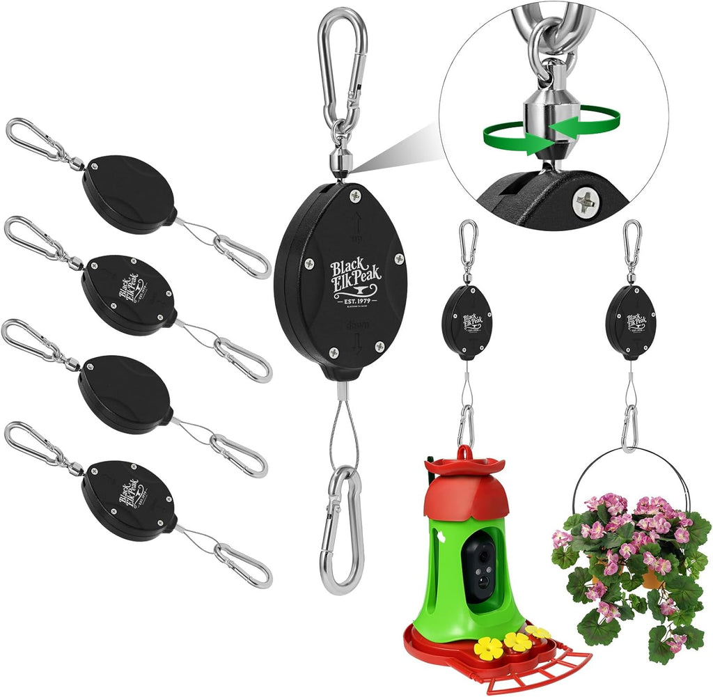 Plant Pulleys for Hanging Plants, Heavy Duty Retractable Hangers, 304 Stainless Steel Rope, Auto Plant Holder, Adjustable Climbing Hook for Garden Baskets Watering, or Bird Feeders (Black-4)