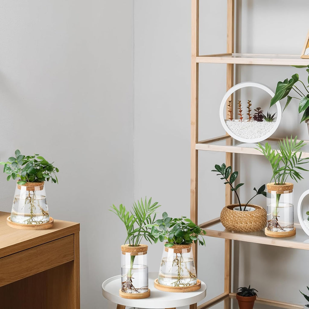 Layhit 4 Pcs Plants Propagation Stations vases Glass Planters with Wooden Lid and Bamboo Stand for Hydroponic Plants Gardening Gifts for Women Mom Home Office Tabletop Decoration(Stylish Style)