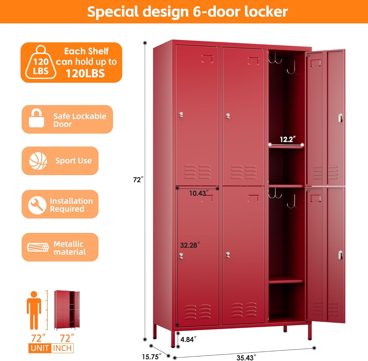 6 Doors Metal Lockers for Employees with 6 Shelves and 18 Hooks, Storage Locker with Business Card Holder for Office Gym School Bedroom, Assembly Required, Red