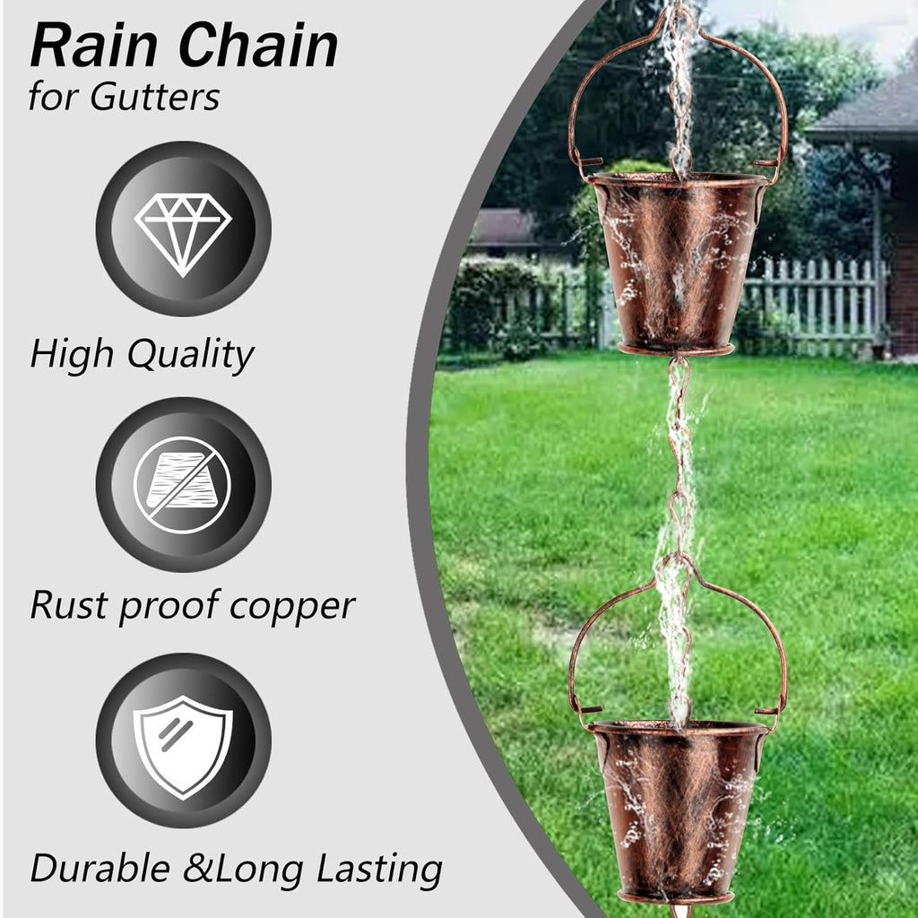 Rain Chain for Outside with Adapter,Wrought Iron Rain Chains 9 FT Set,Rain Chains Gutter with Brown Rain Chain 16 Cup and Decorative Hangers