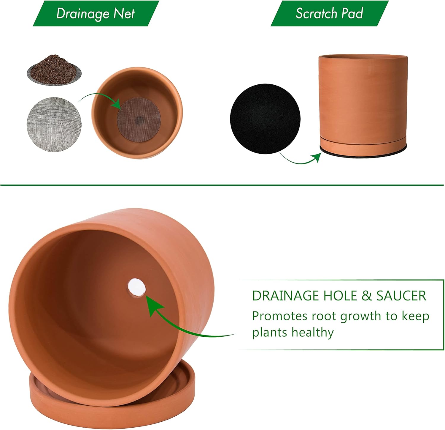 D'vine Dev Medium 8 Inch Terracotta Plant Pot with Drainage Hole and Saucer, Round Cylinder Planter Pot for Indoor Plants, Set of 2, 40-X-B-4