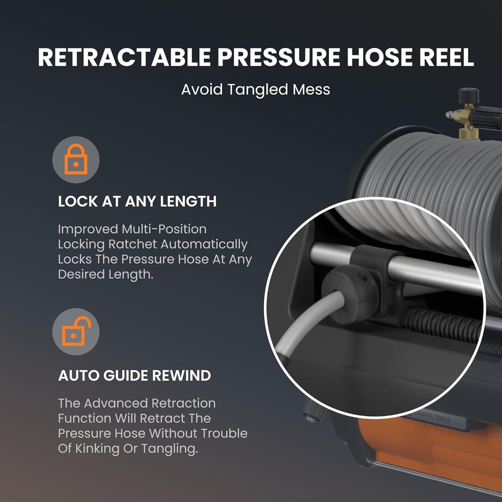 Giraffe Tools Grandfalls Pressure Washer Pro, Electric Wall Mount Power Washer with 100FT Retractable Pressure Hoses, 3700PSI, 1.6GPM, 4 Nozzles, Foam Cannon for Cars/Patios, Dark Silver
