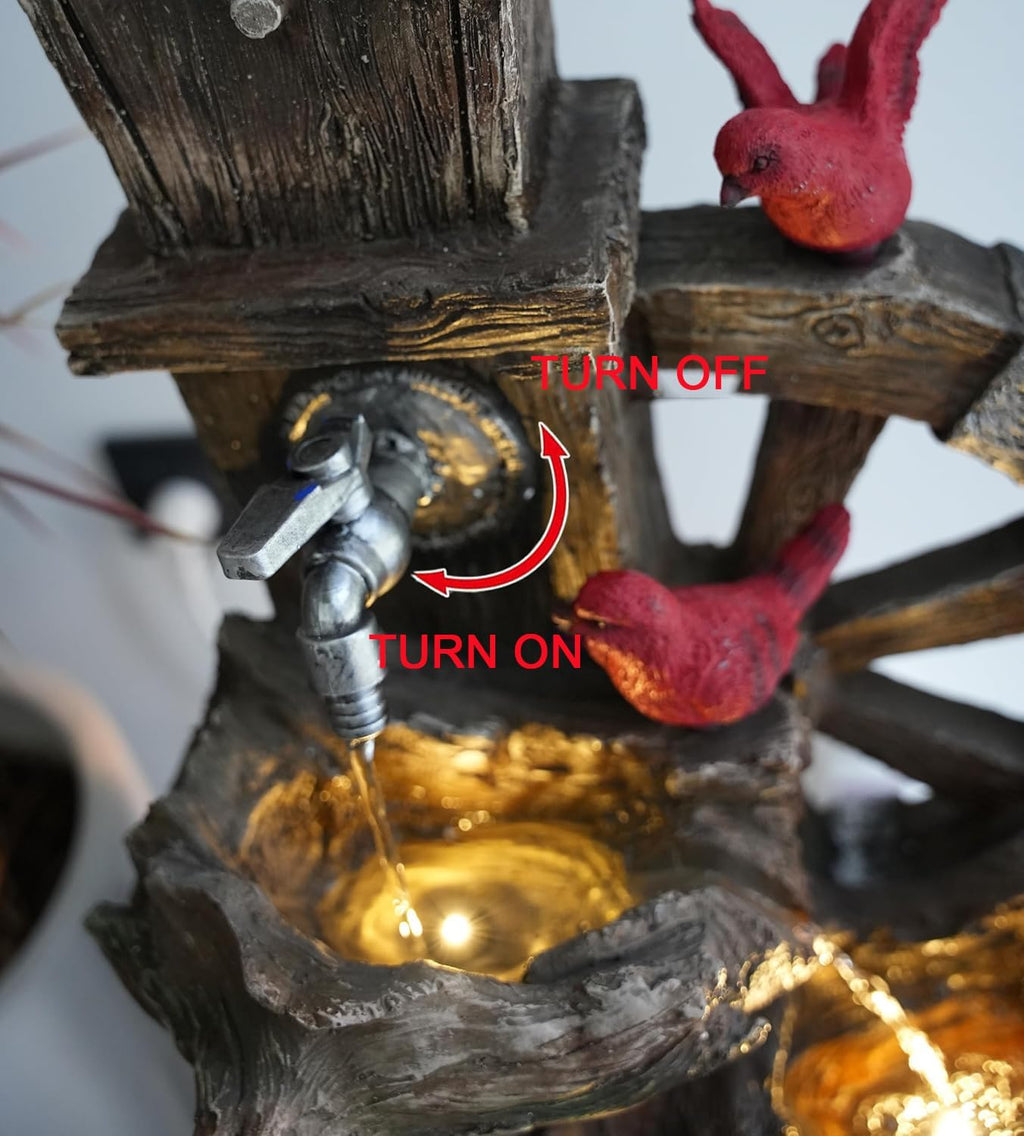 Decorative Garden Birdhouse Three Tier Water Fountain Outdoor with LED Lights and Water Wheel
