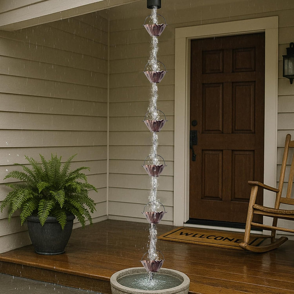 Copper Lotus Rain Chain 8.7 FT, Decorative Metal Rain Catcher with 12 Cups, Gutter Downspout Replacement