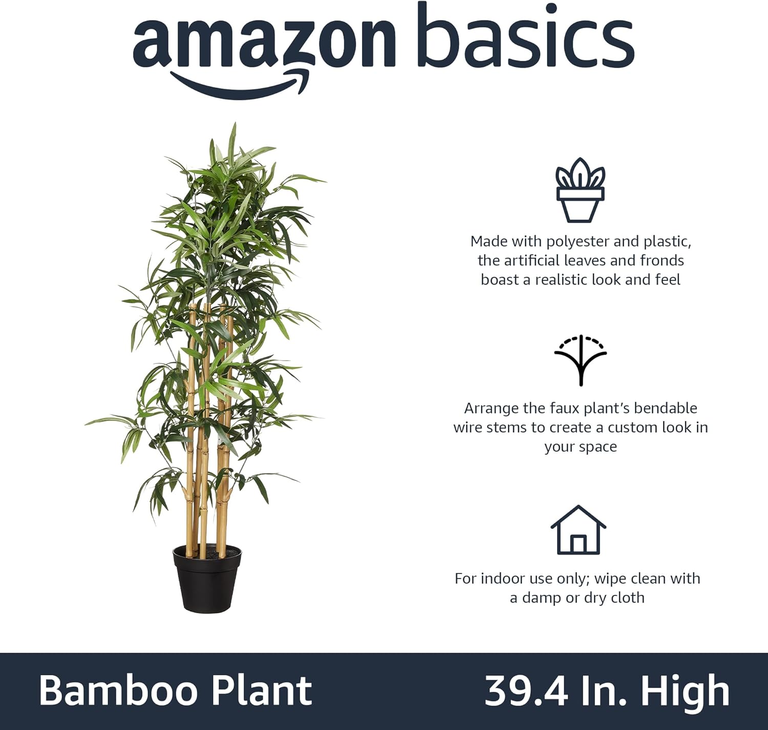Amazon Basics Artificial Fake Bamboo Plant with Plastic Planter Pot, 39.4", Green