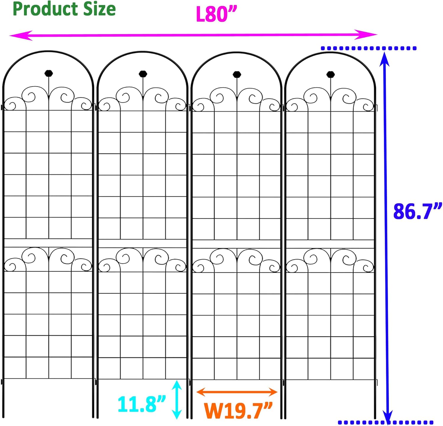 4 Pack Metal Garden Trellis 86.7" H Garden Fence Rustproof Trellis for Climbing Plants Support Roses Flower Outdoor Lawn, Black Galvanized Tube