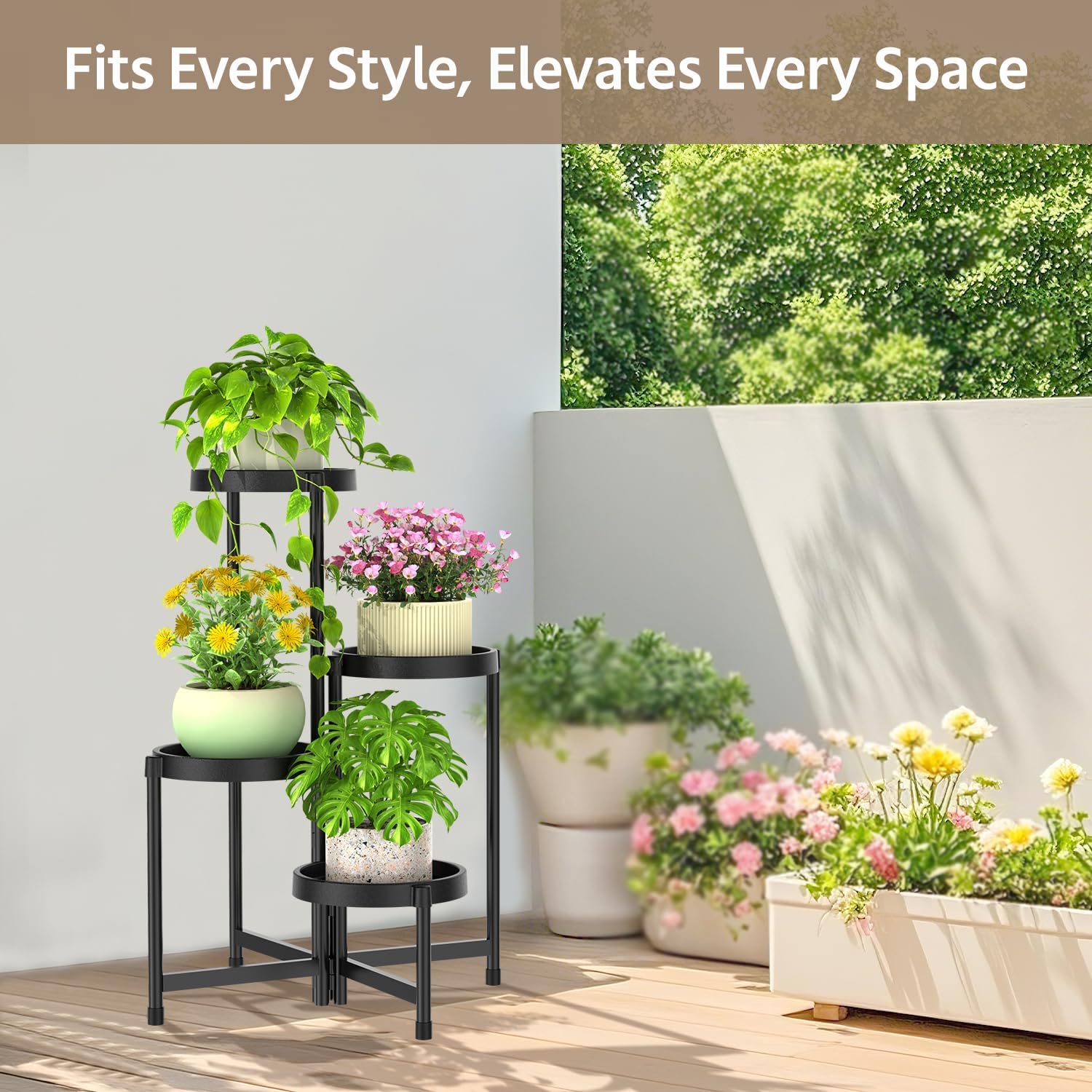 LASZOLA 4 Tiered Folding Plant Stand Indoor for Multiple Large Planter, Tall Heavy Duty Adjustable Rack with Rust Proof Plastic Shelving, Sturdy Vertical Tree Organizer for Narrow Inside Floor, Black