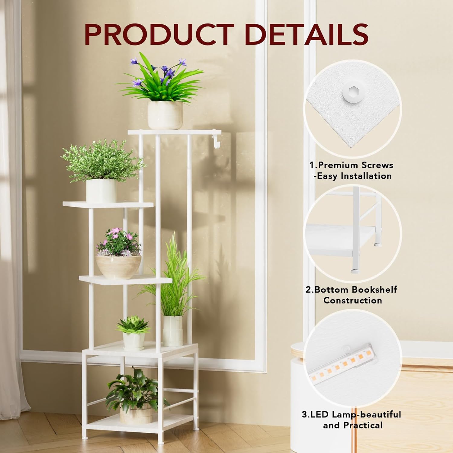 Plant Stand Indoor with Grow Light, 5-Tiered Tall Plant Stand Indoor, Metal Plant Shelf with Hanging Basket Hook and Adjustable Light, Ideal for Living Room, Garden, Patio white