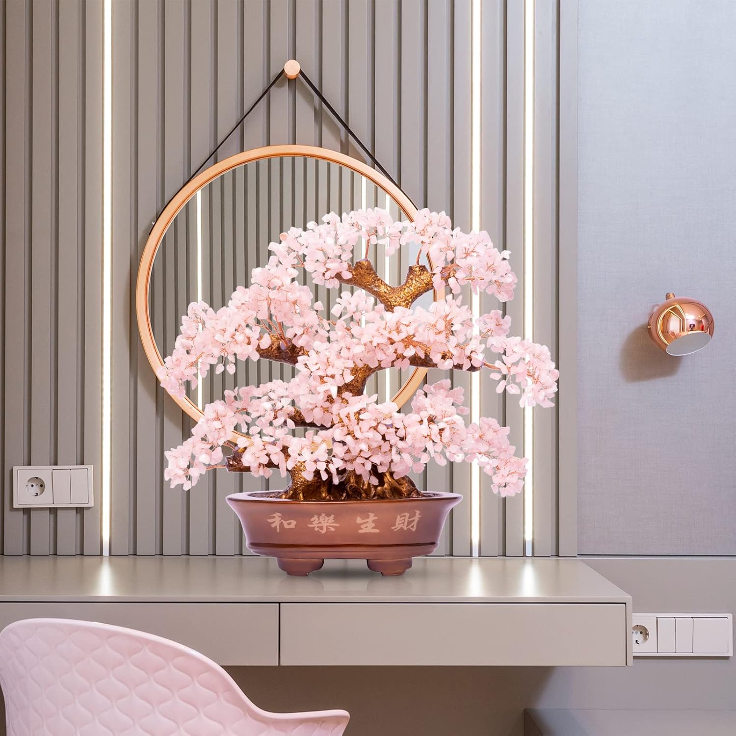 Natural Rose Quartz Tree Large,14" Chakra Crystal Tree(1,251 Gemstone Count) w/Lucky Coins Chain Healing Properties - Bonsai Feng Shui Money Tree for Love Self Care Home Office Decoration