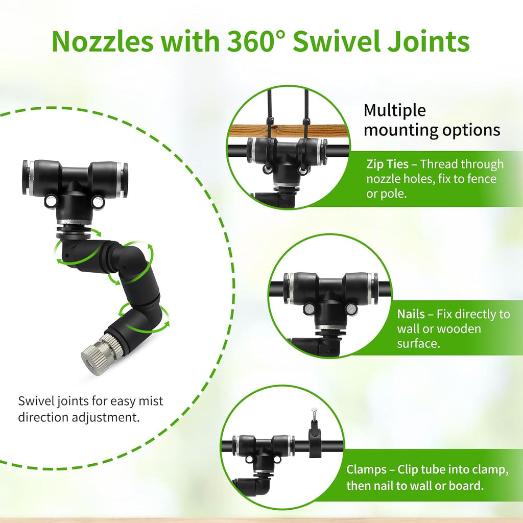 Outdoor Misting Cooling System, 32FT (10M) Misting Line + 8 Adjustable 360° Nozzles + 3/4” Threaded Adapter, Garden, Greenhouse, Misters for Outside Patio