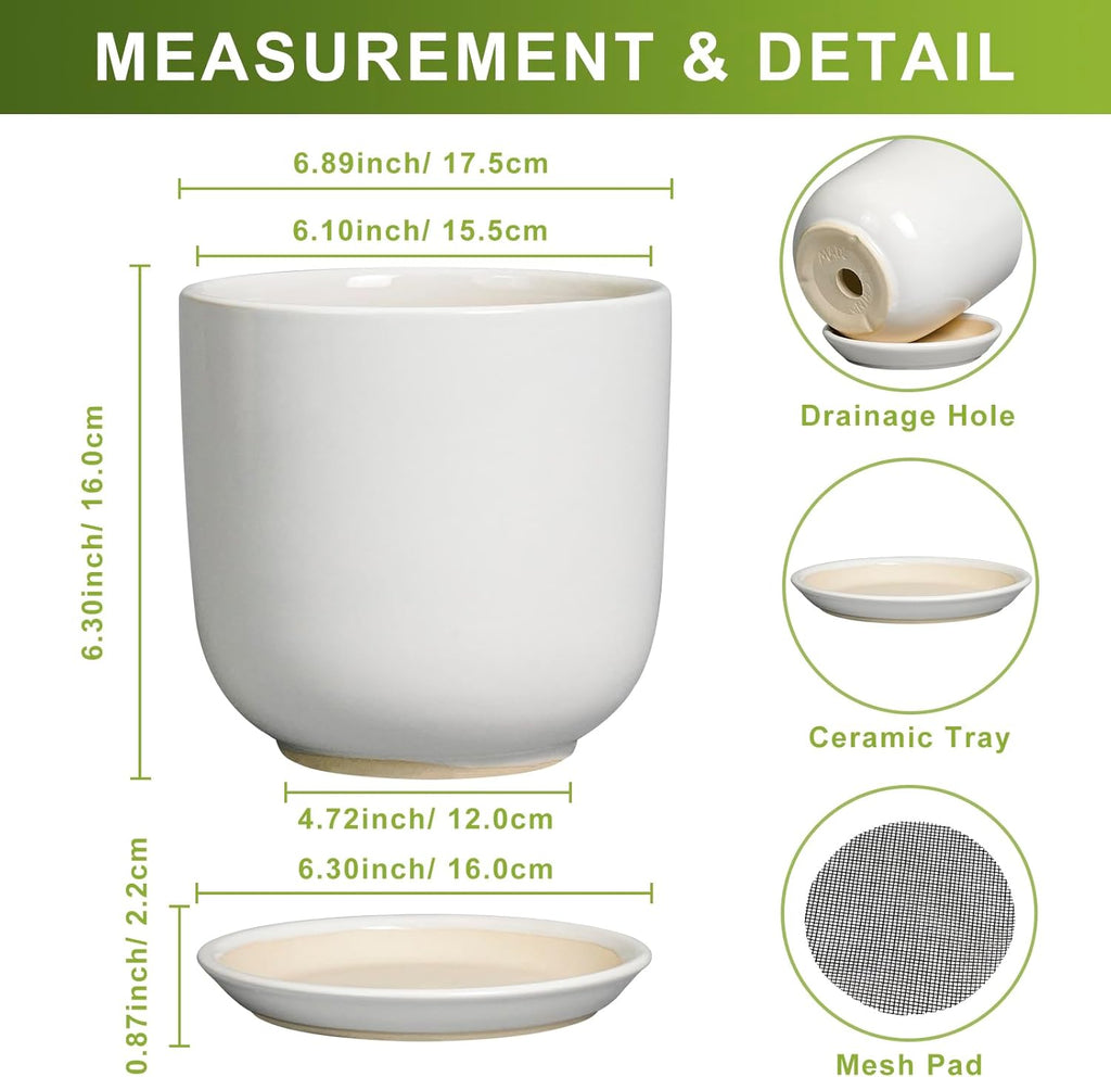 Ceramic Pot for Plants 7 Inch - Modern Round Indoor Outdoor Planter with Drainage Hole and Saucer, Home House Office Room Decor, White