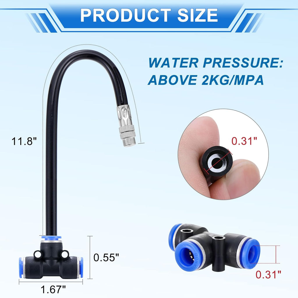 Mornajina 5Packs Brass Misting Nozzles Tee with 12inch Built in Hose for Outdoor Cooling System, Adjustable 360° Rotation, Water Mister Nozzles Thread Sprayer 0.043" (1.1 mm)