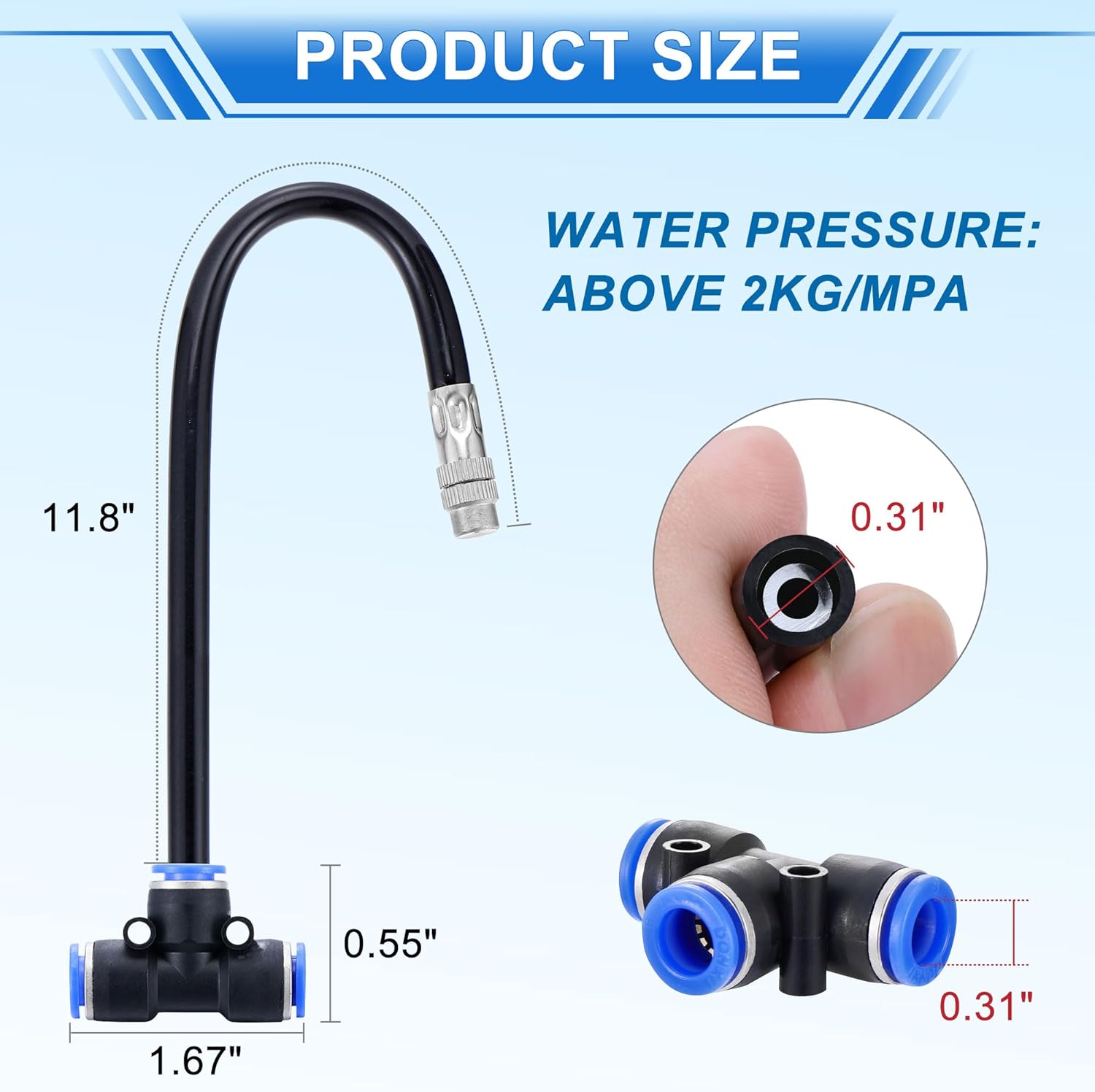 Mornajina 5Packs Brass Misting Nozzles Tee with 12inch Built in Hose for Outdoor Cooling System, Adjustable 360° Rotation, Water Mister Nozzles Thread Sprayer 0.043" (1.1 mm)