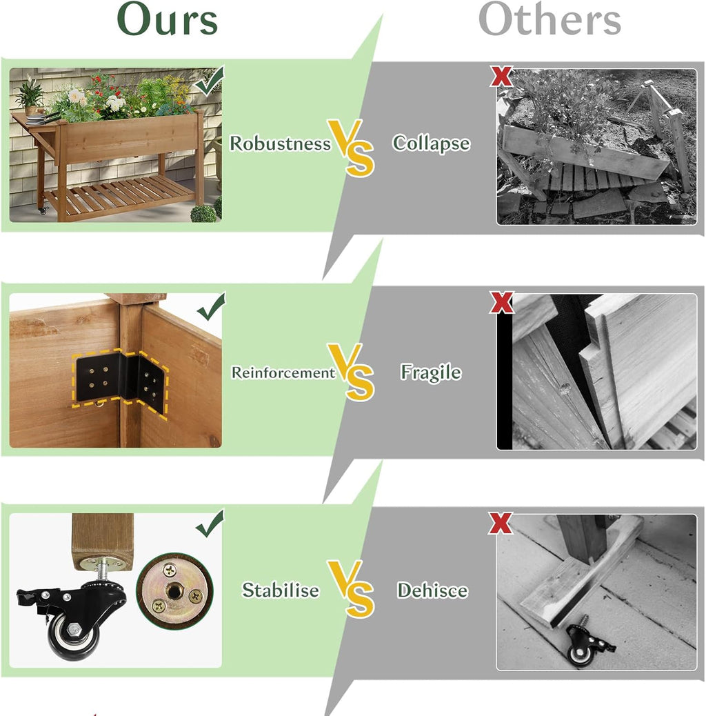 Raised Garden Bed Outdoor with Lockable Wheels, 55"x 24" x 33" Elevated Wood Planter Box for Backyard Balcony Patio , Garden Flower Beds with Drainage Holes & Storage Shelf, Gift for Gardening, Brown