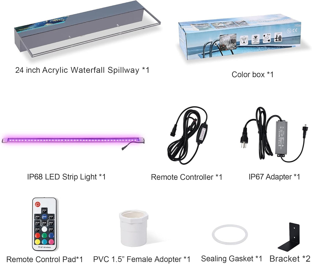 PONDO Lighted Waterfall Pool Fountain 24" with LED 7 Color Changing and Remote, Acrylic Waterfall Spillway for Sheer Descent Garden Outdoor