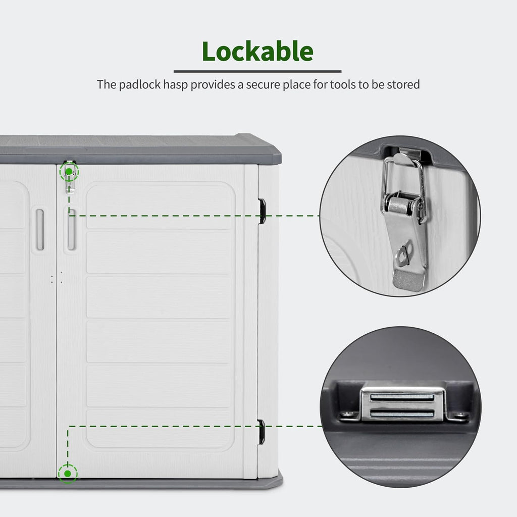 Macrout 25 Cu.Ft Small Plastic Outdoor Storage Cabinet with Floor, 4.3 x 2.5 ft Waterproof Resin Outdoor Storage Shed, Lockable Horizontal Shed for Garden and Patio