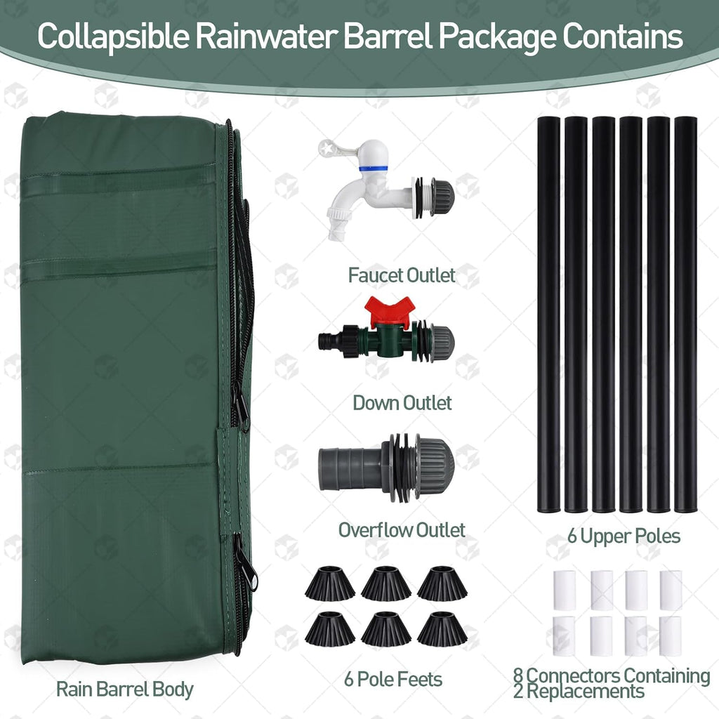 2Pcs 53 Gallon Collapsible Rain Barrel Kit with 12 Half Poles, 200L Protable Rain Water Collection Barrel with Zipper, 1000D Oxford Rain Catcher Barrel System Garden with 1 Spigot and 2 Overflow