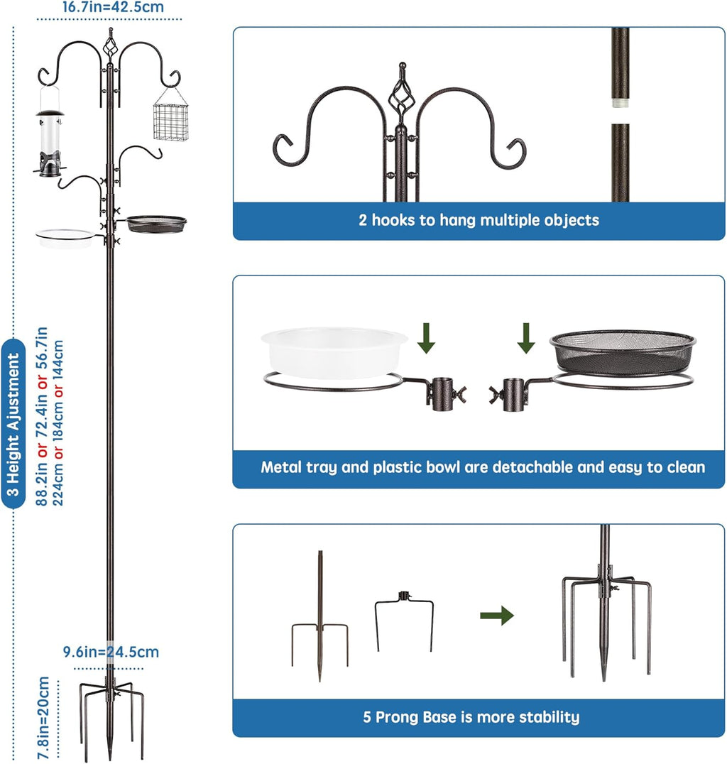 Deluxe Bird Feeding Station Kit With Multi Feeder Hanging Pole, Metal Suet Feeder, Bird Bath, Mesh Tray for Attracting Wild Birds and Planter Hanger (1 Pack)