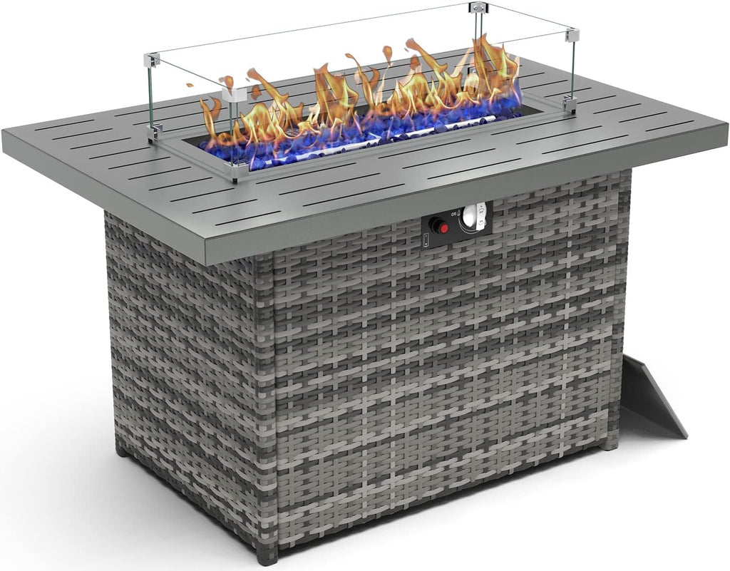 44 Inch Propane Gas Fire Pits Table for Outside Patio, 60000 BTU Rectangular Outdoor Wicker Rattan Fire Pit with Glass Wind Guard