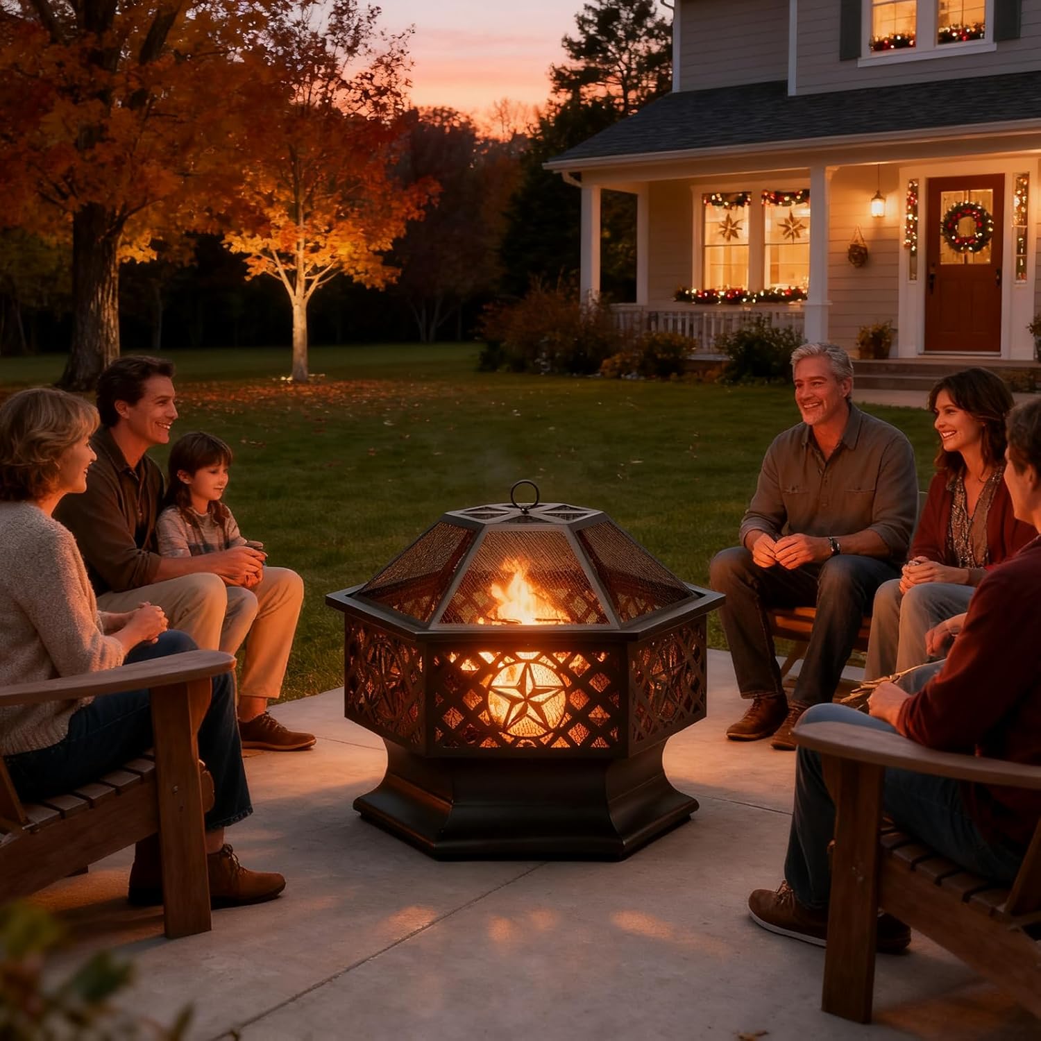 28 Inch Hexagonal Fire Pit,Wood Burning Firepits for Outside with Spark Screen&Poker,Metal Hex-Shaped Outdoor Fire Pit for Outside,Backyard,Bonfire,Patio,Garden,Picnic and Camping（Black）