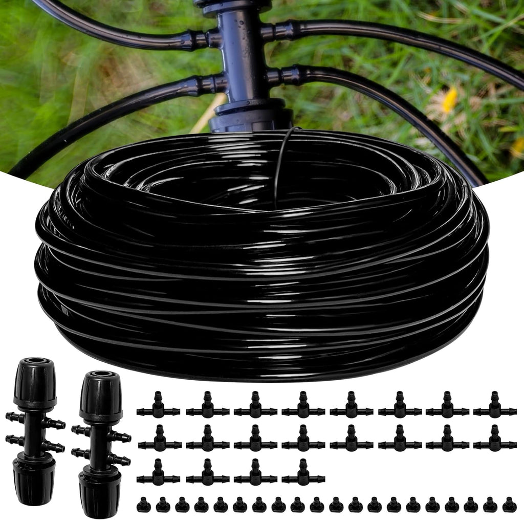 100FT 1/4 Inch Drip Irrigation kit Tubing Distribution Hose Tube for Garden Drip Irrigation System (Includes 2 Pack 6-Way Connector and 20pcs 1/4" Tee Splitters and End Plugs)