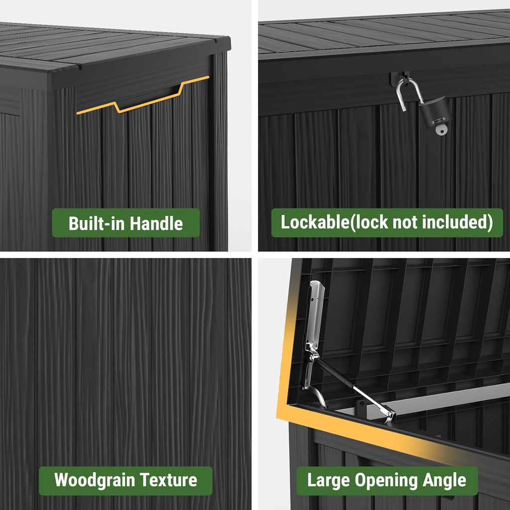 Mars Villa 150 Gallon Outdoor Storage Box Waterproof, Large Resin Deck Box for Outdoor Patio Furniture Cushions, Pool Supplies, Garden Tools, with Hydraulic Hinge, UV-Resistant and Weatherproof, Black