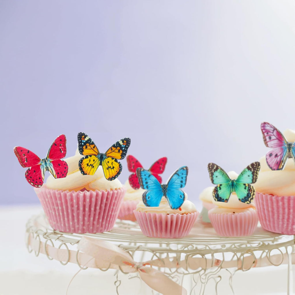 Ephlyn 48Pcs Edible Butterfly Cupcake Toppers 3D Mixed Color Cake Picks 3D Butterfly Cake Decorations for Baby Shower Boys Girls Birthday Party Decoration Supplies Colorful
