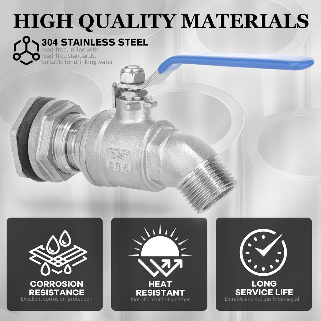 Rain Barrel Spigot Kit High Flow Water Barrel Faucet 3/4"NPT to 3/4"GHT 304 Lead-Free Compliant Stainless Steel Faucet for Rain Barrels,Rain Barrel Quarter Turn Spigot with Bulkhead Fitting