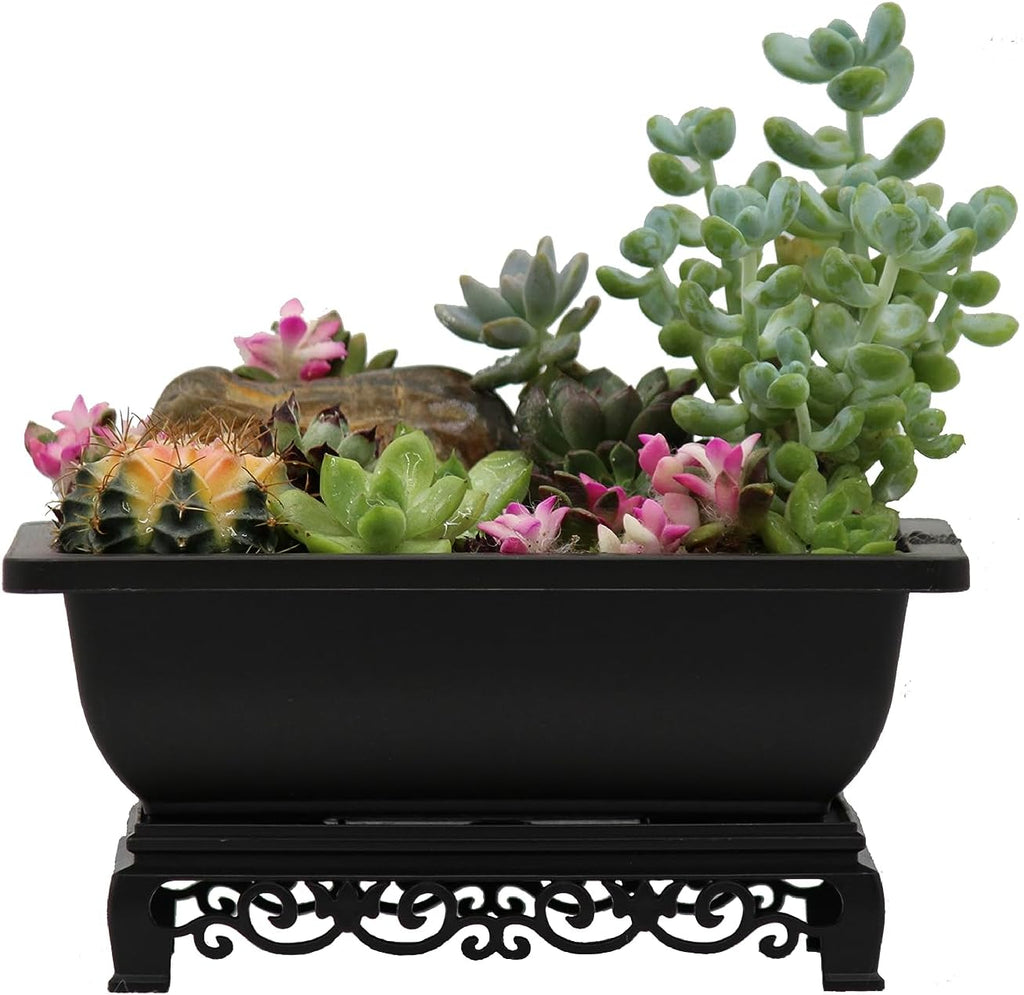 Bonsai Pots 7.5 Inch Antique Brown Bonsai Training Pots with Elegant Stand 2-Pack with Mesh Drainage Luxurious Indoor Recycled Plastic Planters