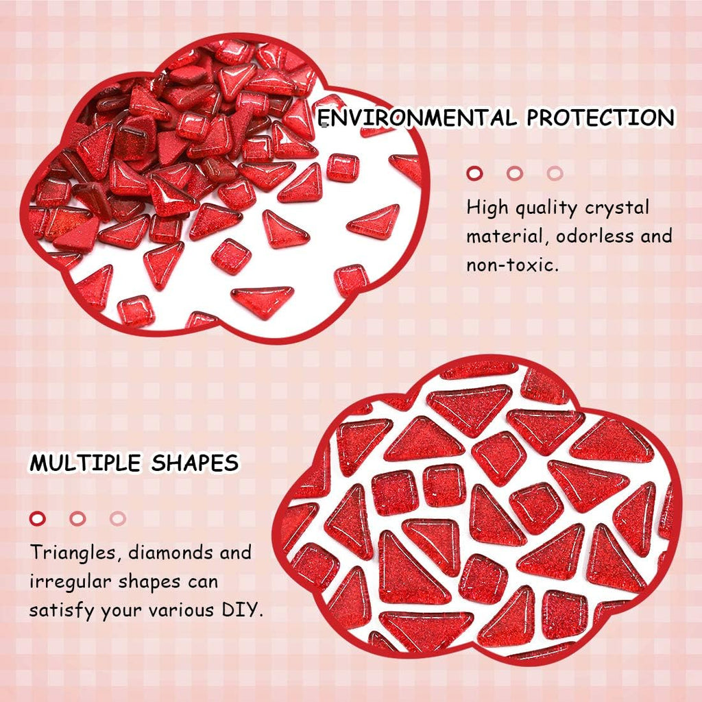 Swpeet 1 Pound Red Shine Crystal Series Mosaic Tiles Assortment Kit, Square and Triangle Genuine Mosaic Tiles Glitter Crystal Mosaic Perfect for Home Decoration Crafts
