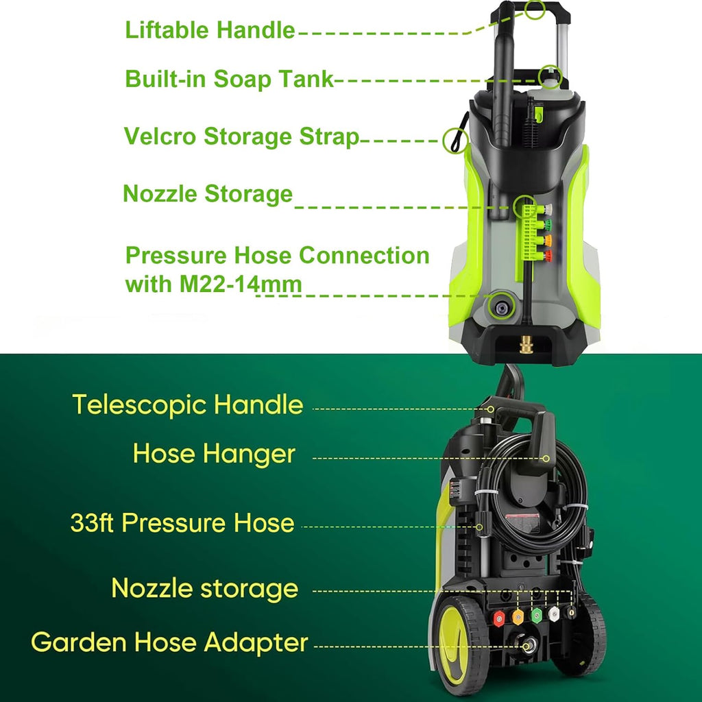 Electric Pressure Washer 5000PSI 4.0GPM Power Washers with M22-14mm Pressure Hose 33FT, Power Sprayers High Pressure with 1/4" QC Compatible Surface Cleaner for Home Cars Driveways, LGreen