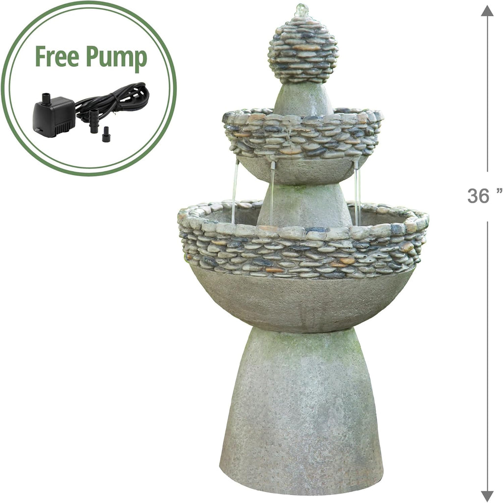 Teamson Home 36.5 in. Outdoor 3-Tier Zen-Style Pedestal Water Fountain in. with Stone Trim with Pump and 2.64 Gallon Capacity, Stone Gray