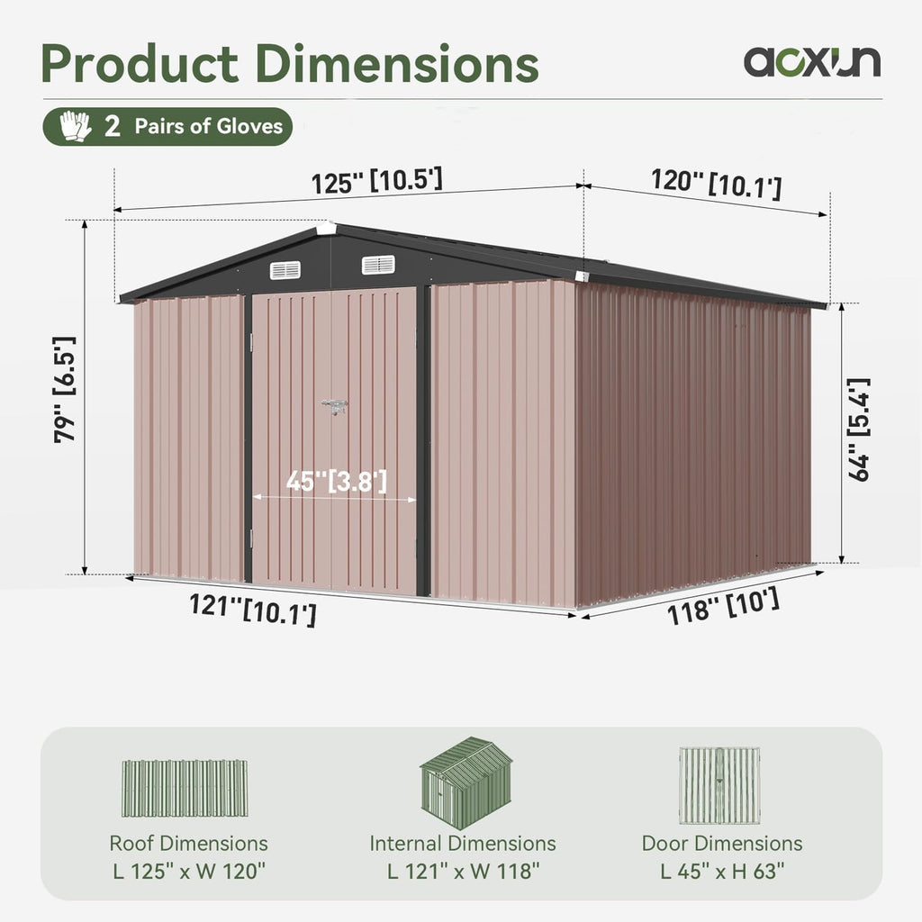 Aoxun 10x10 FT Outdoor Storage Shed Garden Metal Shed with Lockable Door Outdoor Large Shed for Tool, Garbage Can, Bike, Mower, Brown