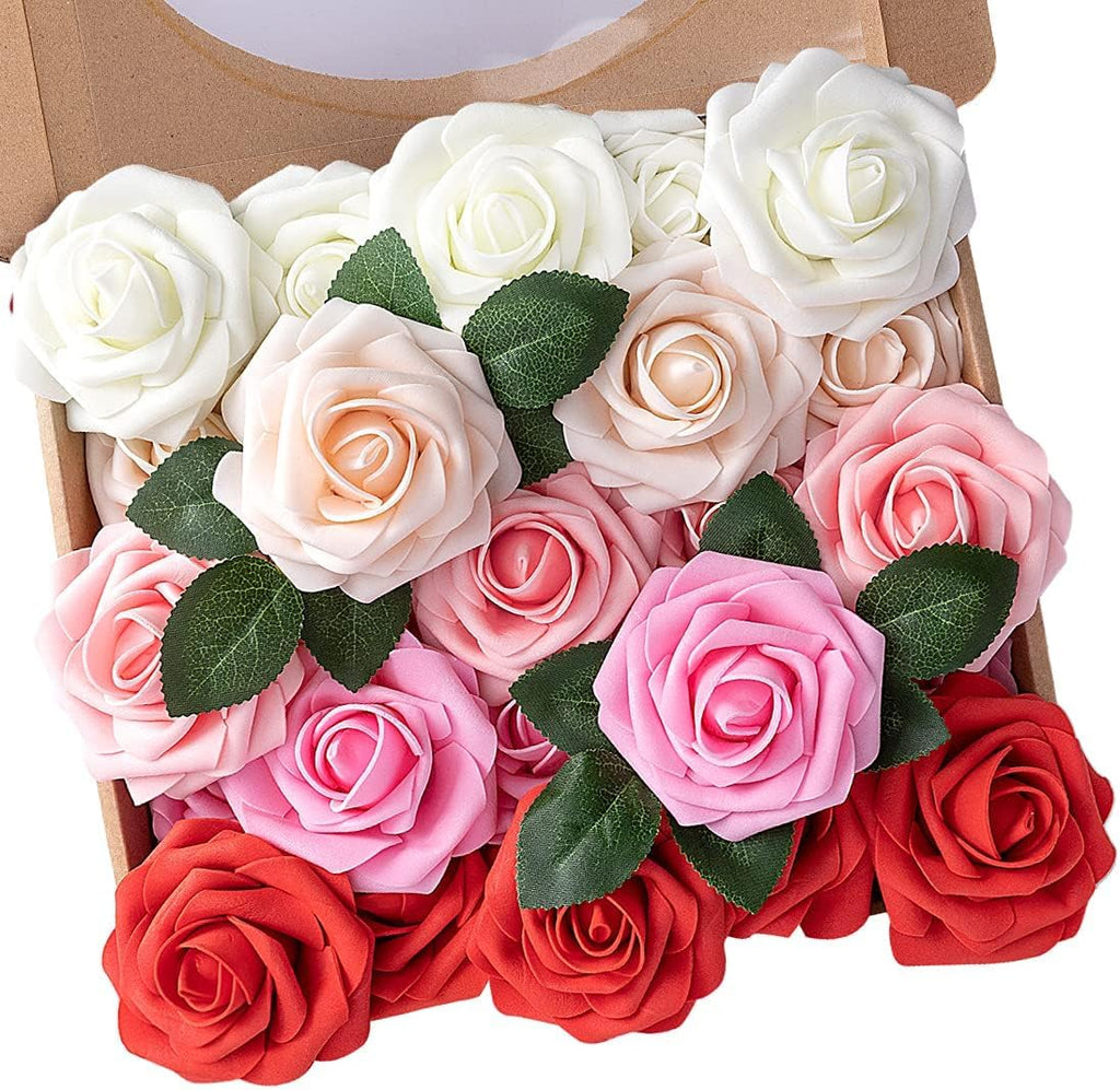 N&T NIETING Artificial Flowers 50pcs Real Touch Faux Flowers Bulk with Stems for DIY Wedding Bouquets Bridal Shower Centerpieces Floral Arrangements Party Valentine's Day Home Decorations(Series Red)