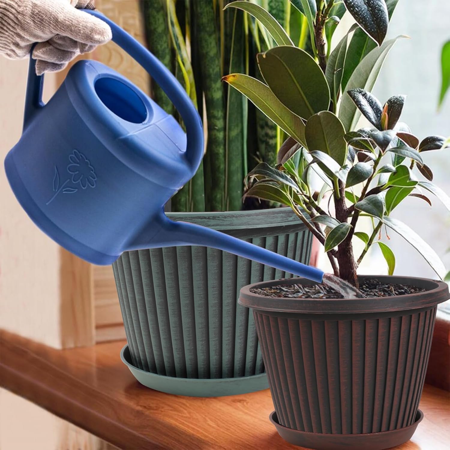 12 inch Plant Pots Indoor Outdoor, 4 Pack Large Planter, Plastic Flower Pots with Saucer and Drainage Holes, Modern Decorative Resin Garden Pots for House Plants