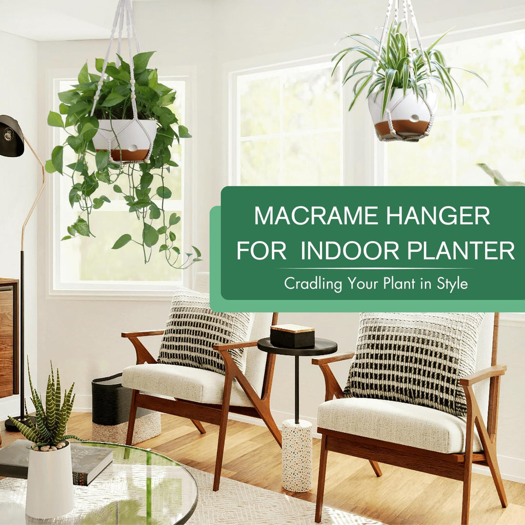 Set of 2-8 Inch Hanging Planters for Indoor Plants with Self-Watering Includes Hanging Pots for Plants, Outdoor Plant Pot with Drainage, and 2 Types of Hanging Baskets Hangers (White)