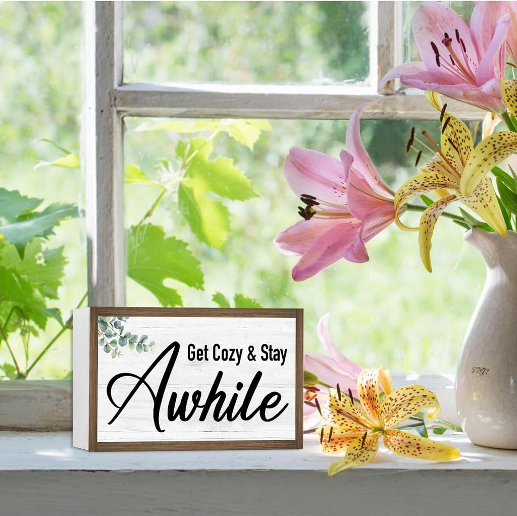 Get Cozy And Stay Awhile Wooden Box Sign Desk Decor,Rustic Family Saying Wood Block Sign for Home Farmhouse Bedroom Shelf Tabletop Wall Decor
