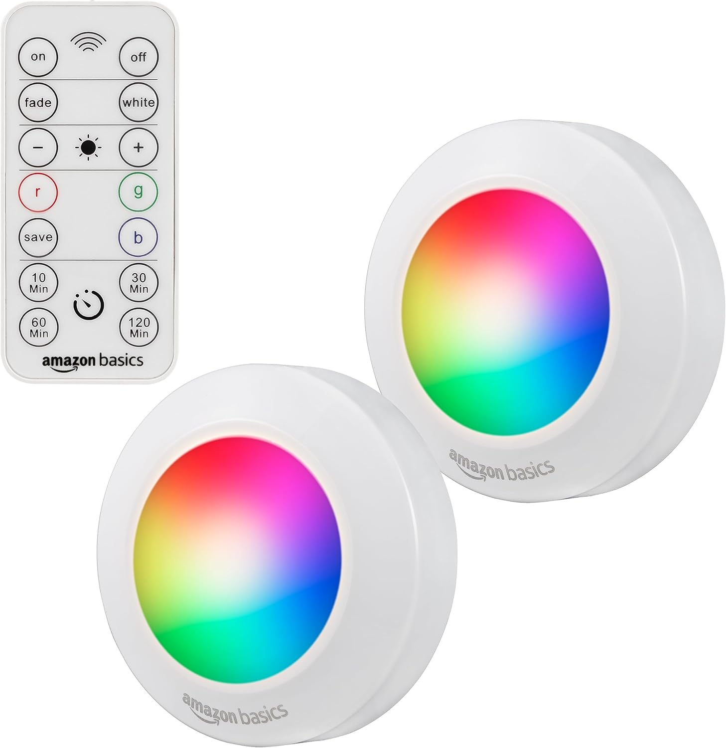 Amazon Basics LED Puck Lights, Color Changing, Battery Operated, IR Remote, 40 Lumens, 2 Pack, Wireless Stick on Lights, Under Cabinet Lighting, Ideal for Closets, and More, White