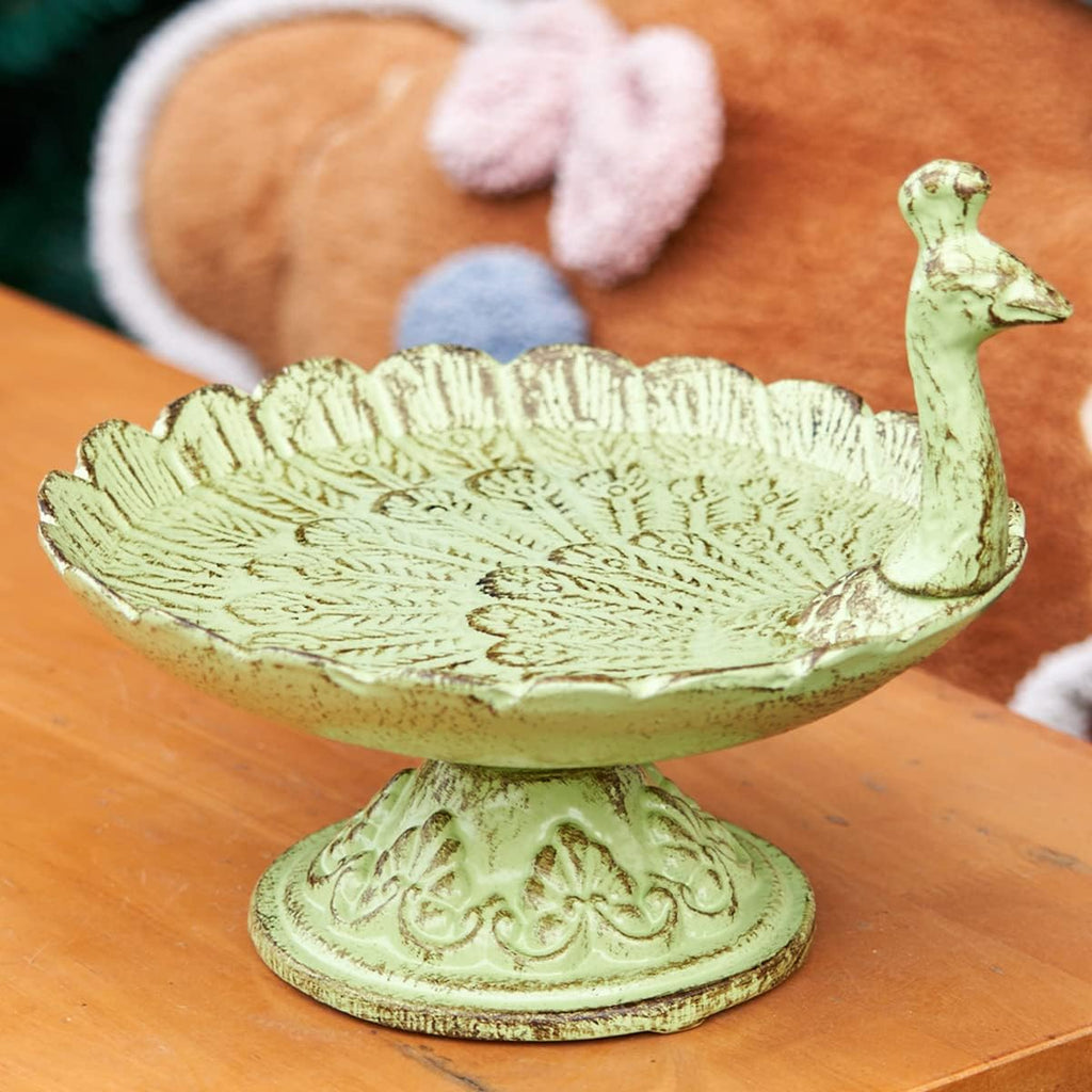 Cast Iron Bird Baths for Outdoors,Cast Iron Bird Feeder, Metal Bird Bath,Vintage Peacock Shape,Home Garden Lawn Yard Table Decorations（Light Green）