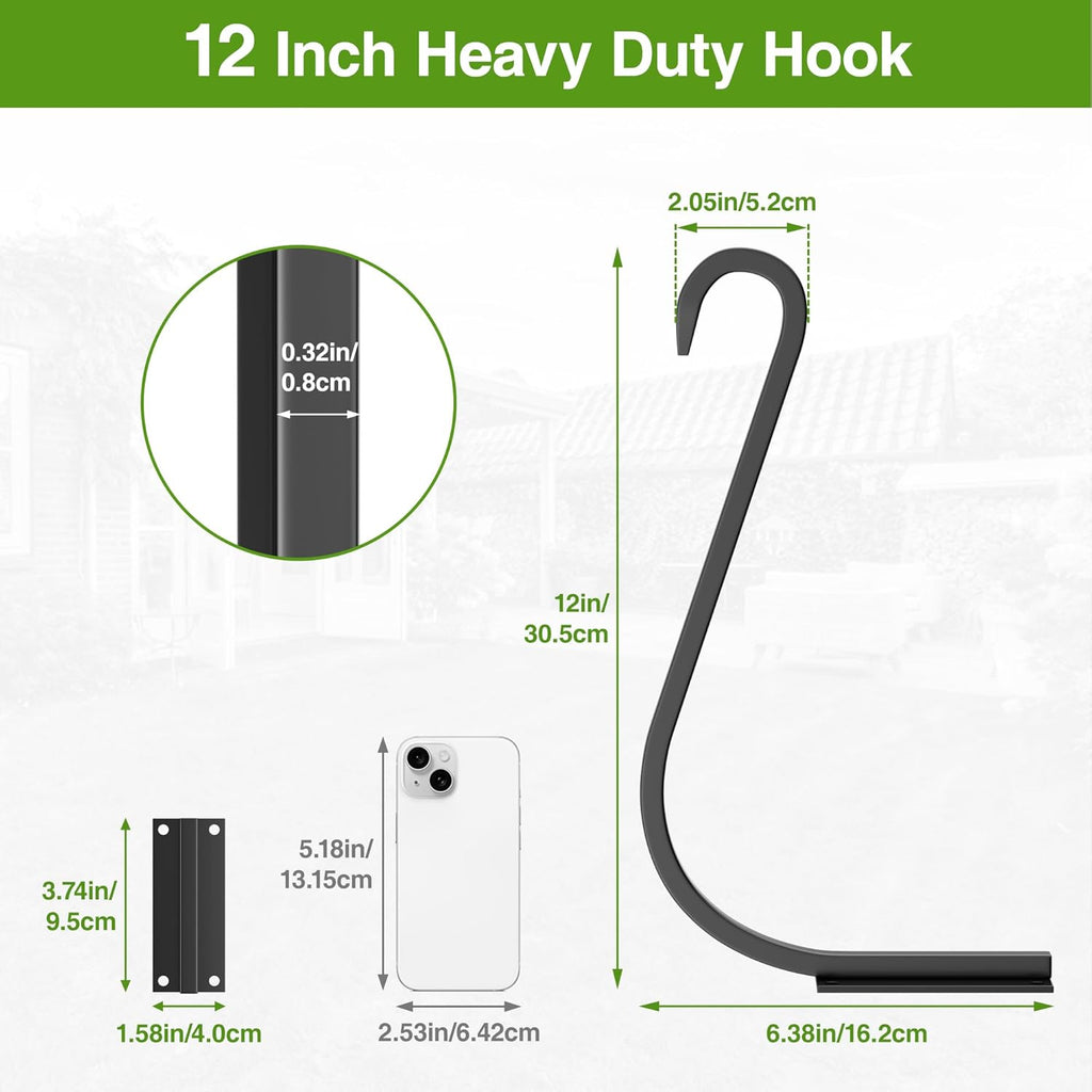 12 Inch 2 Pack Plant Hangers for Indoor/Outdoor Wall Mount - Heavy Duty Hanging Plant Holder & Bird Feeder Hooks, Decorative Black Metal Wall Hangers for Plants, Flower Baskets