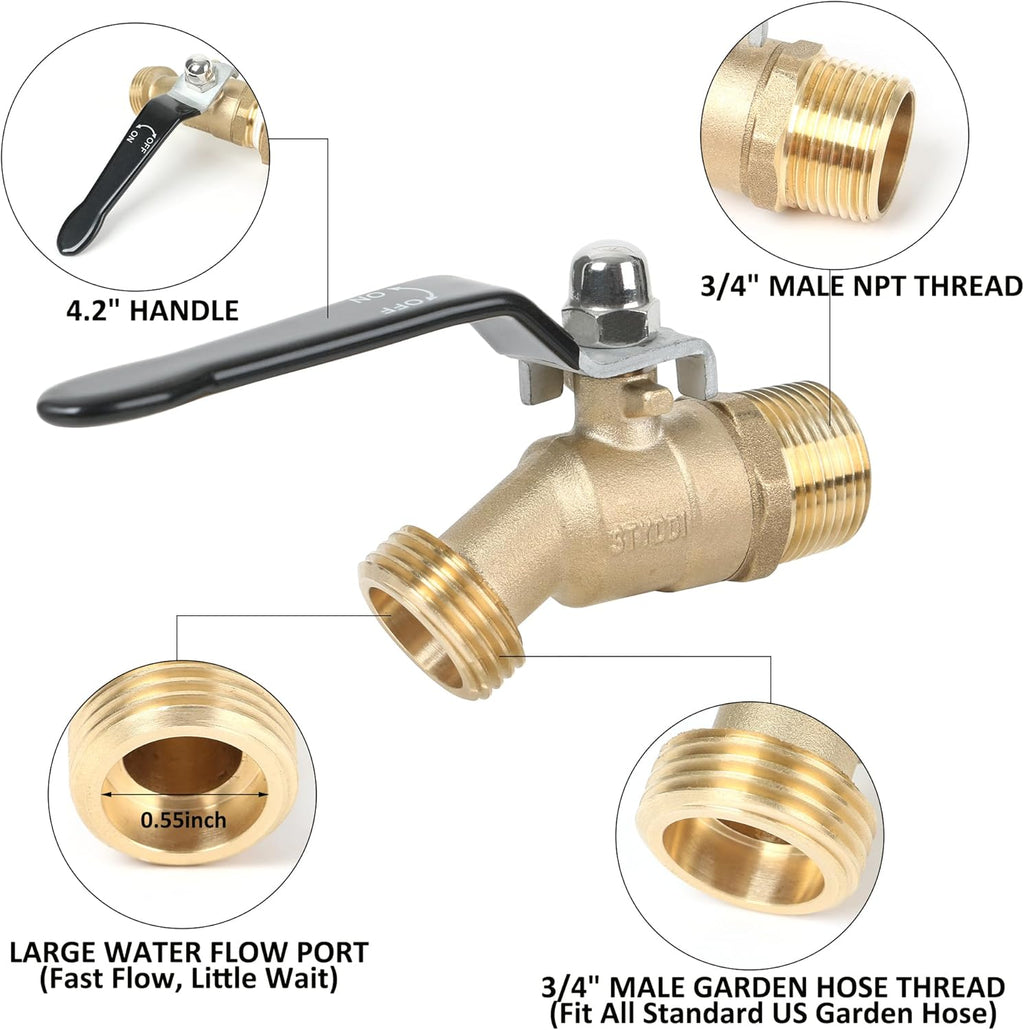 STYDDI Solid Brass Rain Barrel Spigot, Strong Flow Water Barrel Faucet with Large Handle, Quarter Turn Ball Valve Faucet with Bulkhead Fitting for Water Tanks, Water Storage Barrels, Rain Buckets