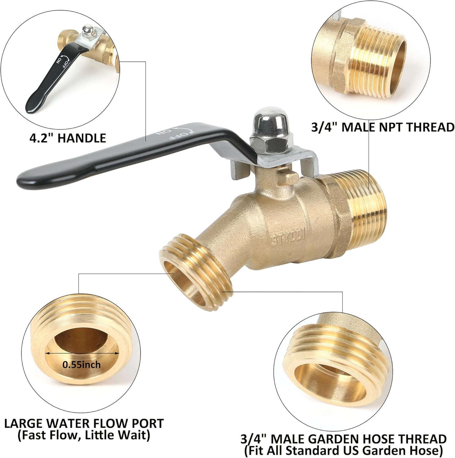 STYDDI Solid Brass Rain Barrel Spigot, Strong Flow Water Barrel Faucet with Large Handle, Quarter Turn Ball Valve Faucet with Bulkhead Fitting for Water Tanks, Water Storage Barrels, Rain Buckets