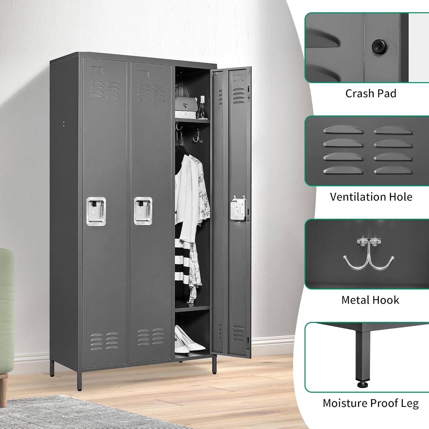 Metal Lockers for Employees, Storage Employee Locker, 72" Storage Lockers with Shelves Steel Cabinet for Home (Black, 3 door-72'')