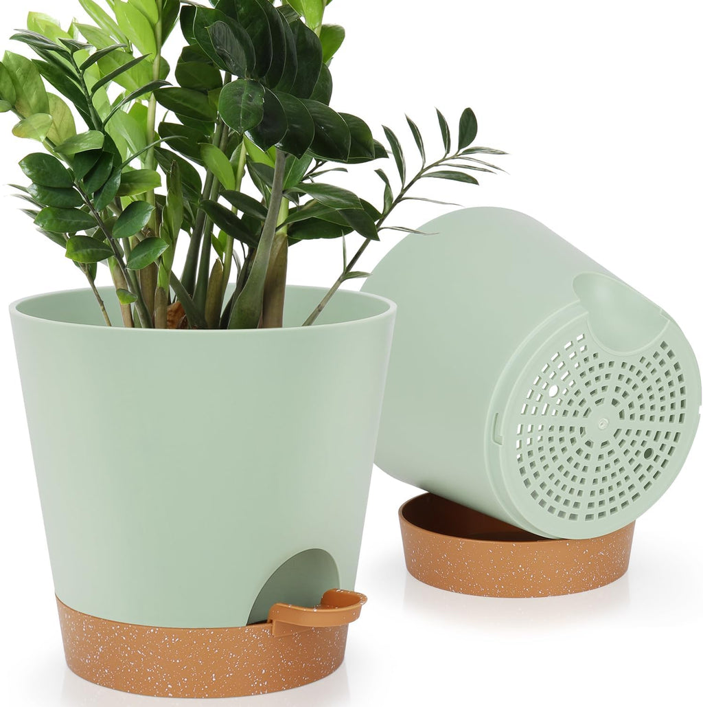 8-Inch Plant Pots, Self-Watering Planters with Drainage Holes & Saucers for Indoor and Outdoor Plants (2-Pack, Green)